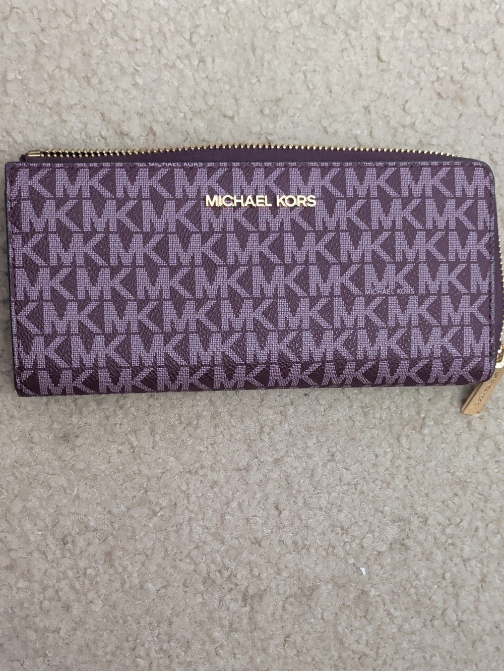 Michael Kors Plum MK Signature Zip-Around Wallet with Gold Hardware